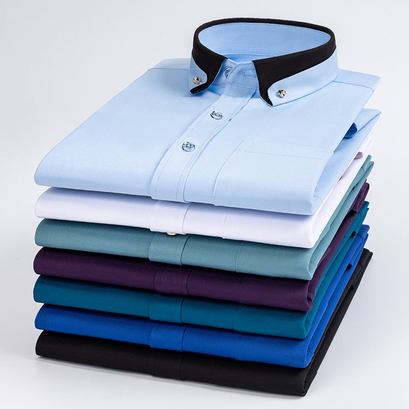 Heißer Verkauf Herren Business Hemden Langarm Kontrastkragen Social Camisa mit Diamant Anti-Falten-Button-Down Schwarz Blau