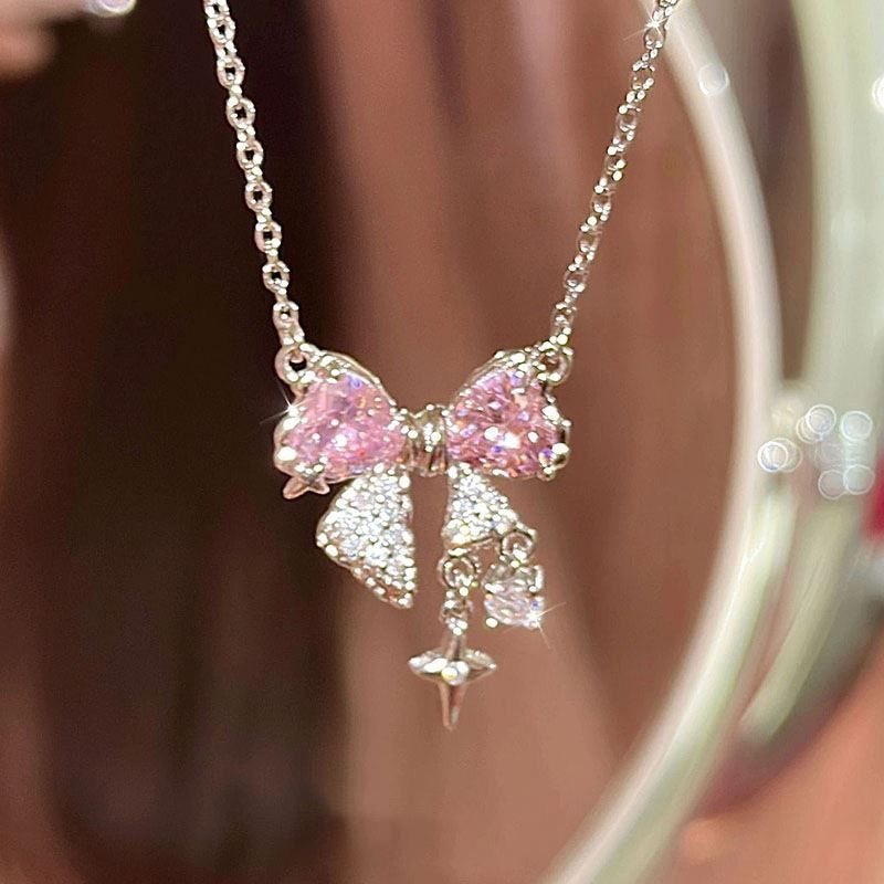 Collar con lazo rosa dulce para mujer, colgante con forma de estrella de diamantes de imitación brillantes, cadena para clavícula, accesorios de boda delicados