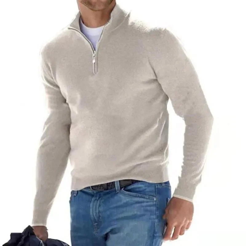 Jersey de Color sólido de otoño para hombre, suéter informal con media cremallera, sudadera ajustada de manga larga con cuello en V, camisa de invierno para hombre
