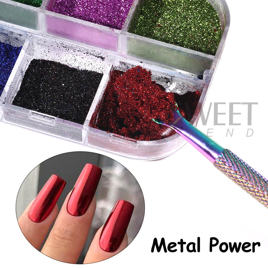 12 สีผงโลหะเล็บสี Holographic กระจกโลหะ fine ถูบนเล็บฝุ่น Glitter UV Gel ตกแต่งเล็บ