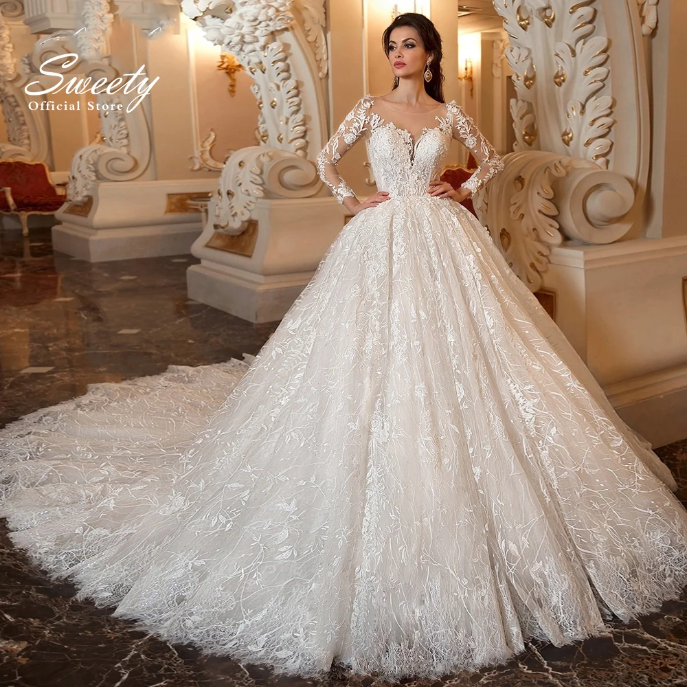 Abito da sposa di lusso pizzo ricamato con perline abito da ballo o-collo manica intera bottone da sposa Appliques Vestido De Novia personalizzato