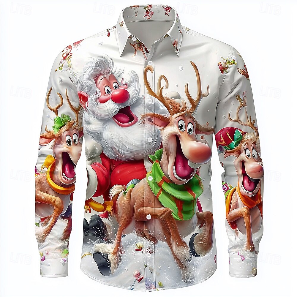 Manga larga con gráfico 3D de Navidad para hombre, moda de estilo callejero, diseño de estampados de renos de Papá Noel de dibujos animados, camisa informal de otoño 2025