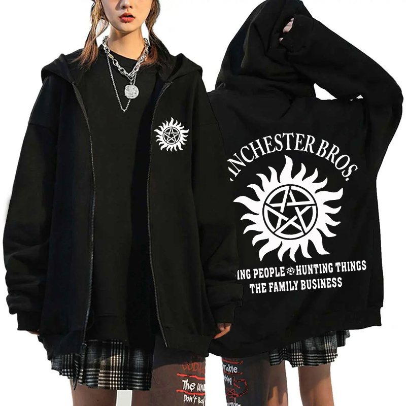 Moda Unisex Otoño Invierno abrigo sobrenatural estampado cremallera Sudadera con capucha Casual manga larga Tops mujeres hombres Harajuku cremallera sudadera