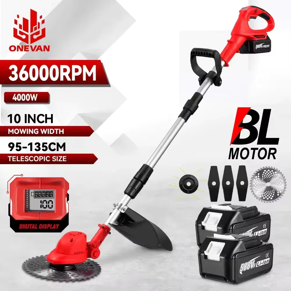 Onevan 10 Polegada cortador de grama elétrico sem escova 36000rpm aparador de grama sem fio comprimento ajustável ferramenta de jardim para makita 18v bateria