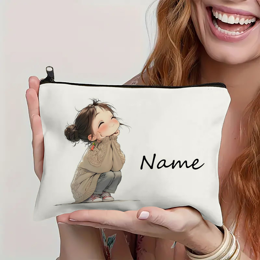 Custom Name Vintage Cute Girl Pattern Makeup Bag Handbag Toiletry Bag Pencil Case Holiday Gift Cosmetic Bag