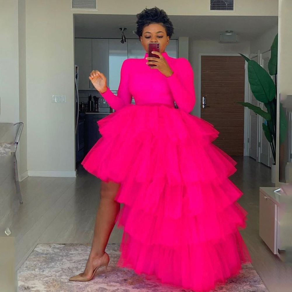 Frauen High Low Tüllrock Fuchsia Ballkleid Lange Hochzeit Petticoat Mode Layered Asymmetrische Tutu Röcke für Abschlussball Party 2024