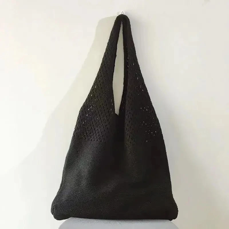 Nova tendência bolsa feminina de crochê retro malha trança cor sólida oco preto cáqui alça superior sacola shopper
