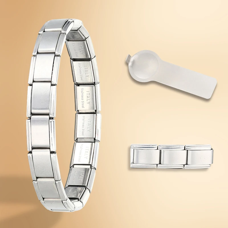 Dijes de pulsera italiana, brazalete de eslabones elásticos de acero inoxidable dorado, cadena de mano de 9mm de ancho, módulo DIY, pulseras, regalos de joyería