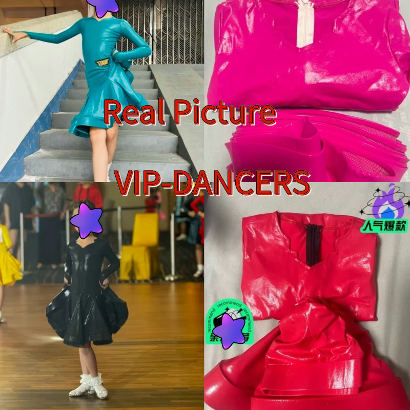 9 farben Helle Leder Langarm Latin Dance Kleid Kinder Ballroom Dance Performance Kleidung Mädchen Party Kleider SL9328