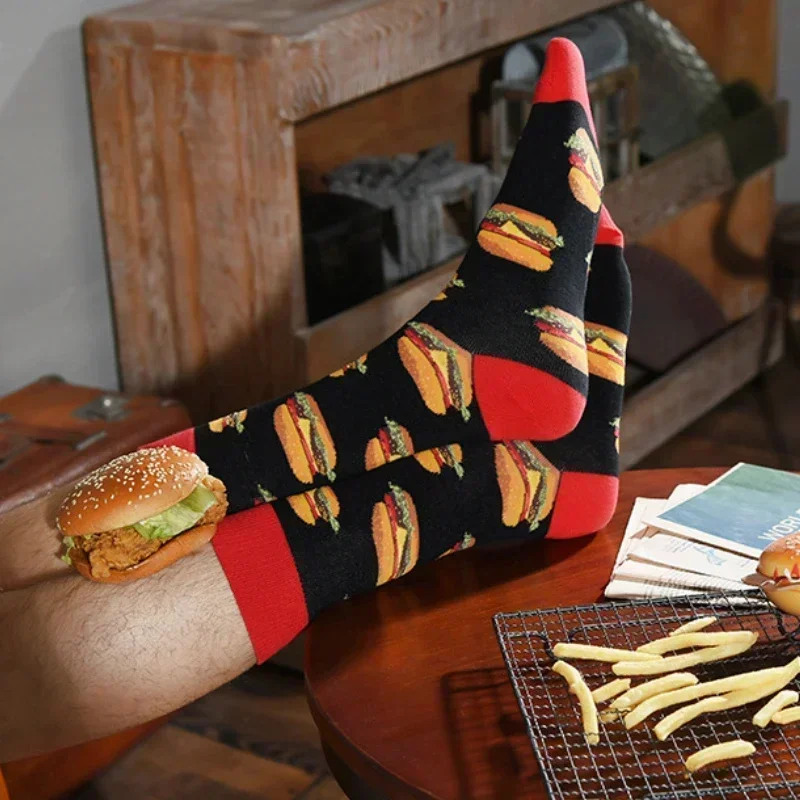 Calcetines de algodón de la serie para hombre, divertidos calcetines diarios con dibujos animados felices, cohete, hamburguesa, comida, calcetines largos para monopatín para hombre, EU 37-42