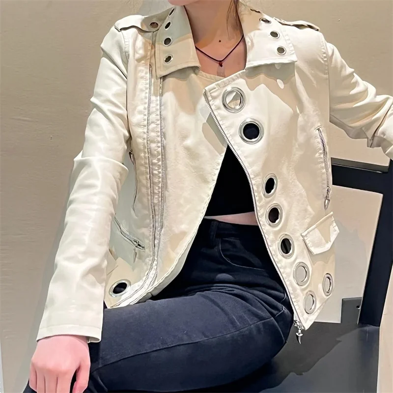 Cárdigan coreano corto para mujer, abrigo de cuero PU ajustado con círculo de Metal a la moda, versátil, primavera 2023