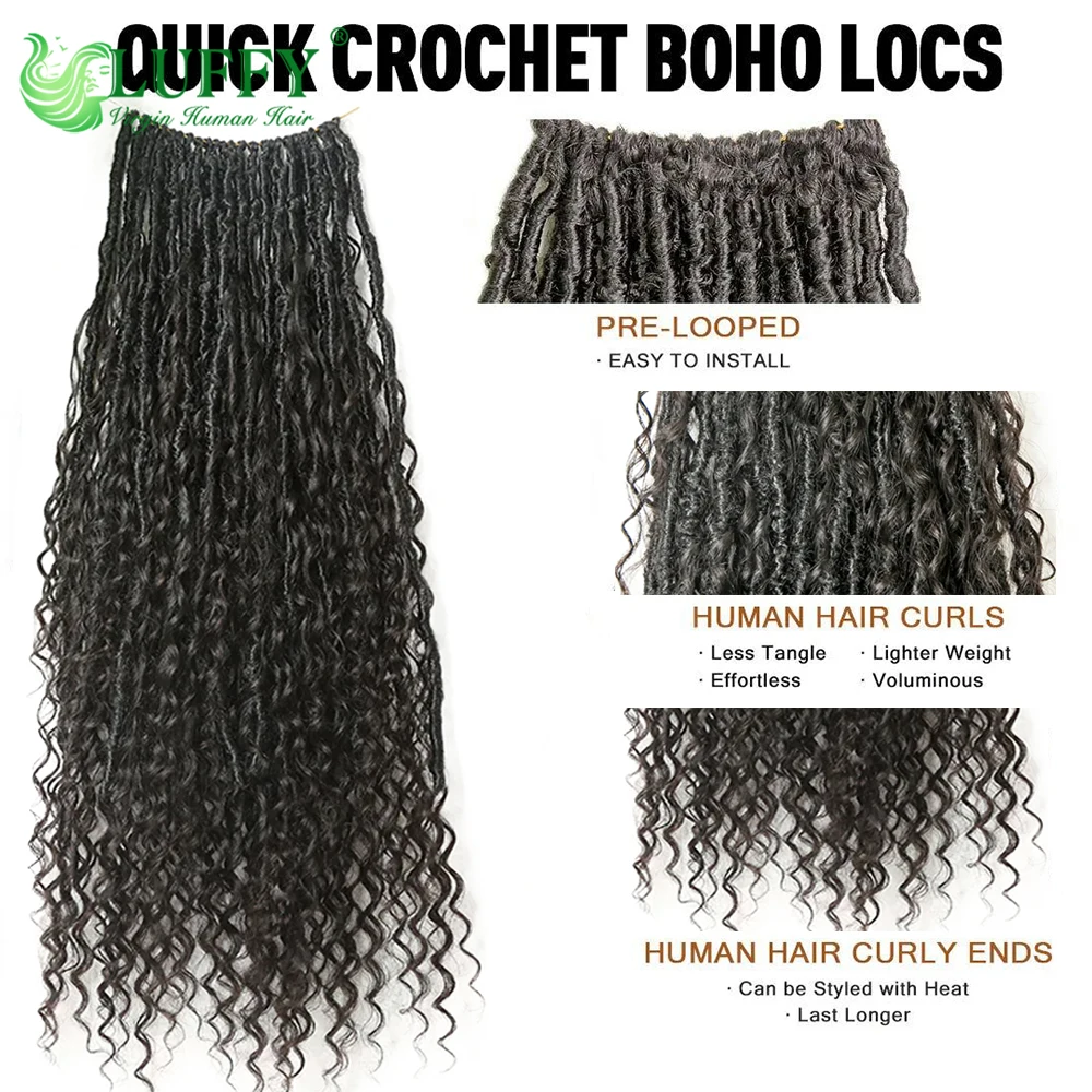 เส้นผมมนุษย์เทพธิดา Boho locs โครเชต์ผม pre looped โครเชต์ Boho dreadlocks เส้นผมมนุษย์ปลายหยิกต่อผมเปีย