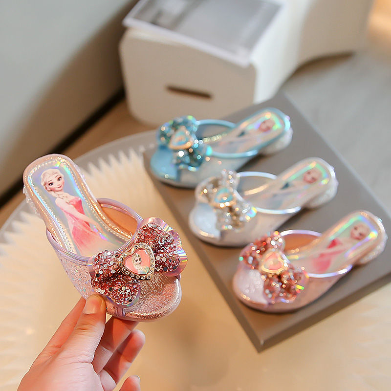 Disney-zapatos planos informales para niños y niñas, zapatillas de diseño de princesa Elsa de Frozen, de cristal, con punta redonda ostentosa, talla 26-36
