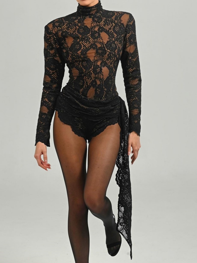 Sexy High Neck Long Sleeve Floral Lace Jumpsuit Women White Draped Folds Design Bodysuit Runway Party Evening Nightclub Wear