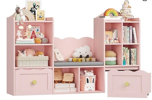 Bookshelf with Reading Nook, Kids Bookcase with Soft Cushion Seat, 2 Wheels Drawers and 8 Storage Cubbies, Toy Storage Orga