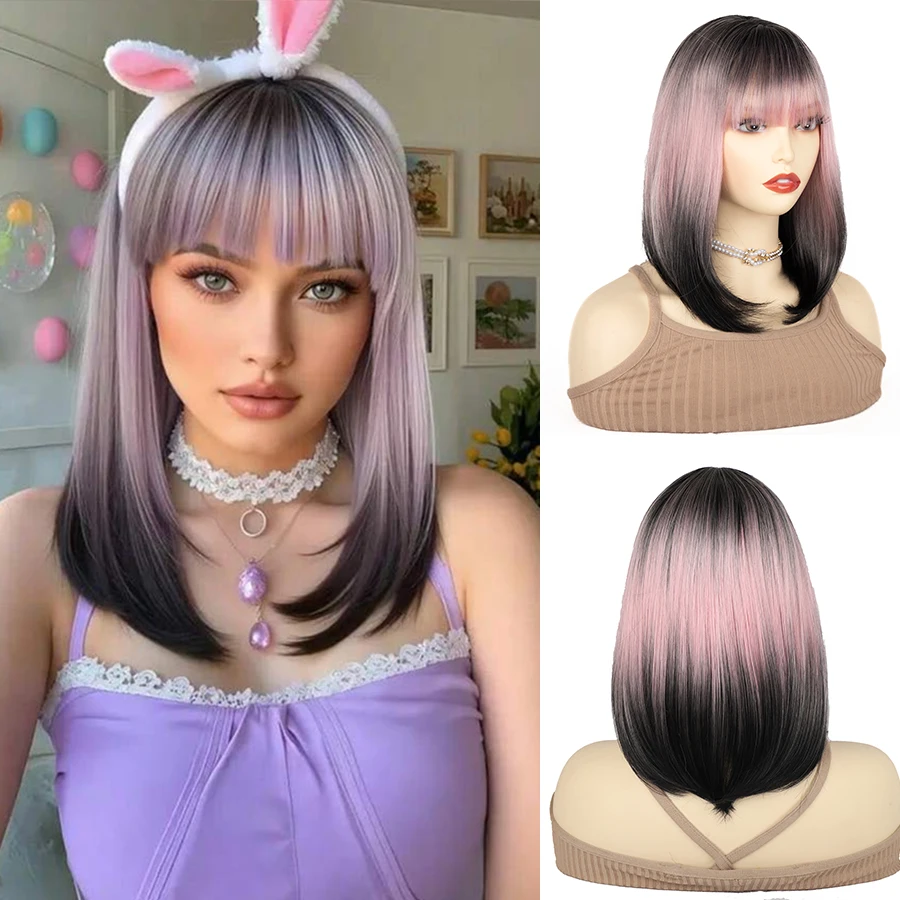 14-inch chique korte rechte roze tot zwart gradiëntpruik met pony synthetisch haar voor dames, perfect voor dagelijks gebruik op feest