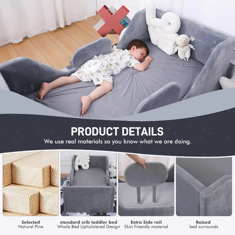Toddler Bed, Child Bed for Kids with Extra Safty Broad, Standard Crib Size Toddler Bed, Certified Fabric Toddler Beds(Gray)