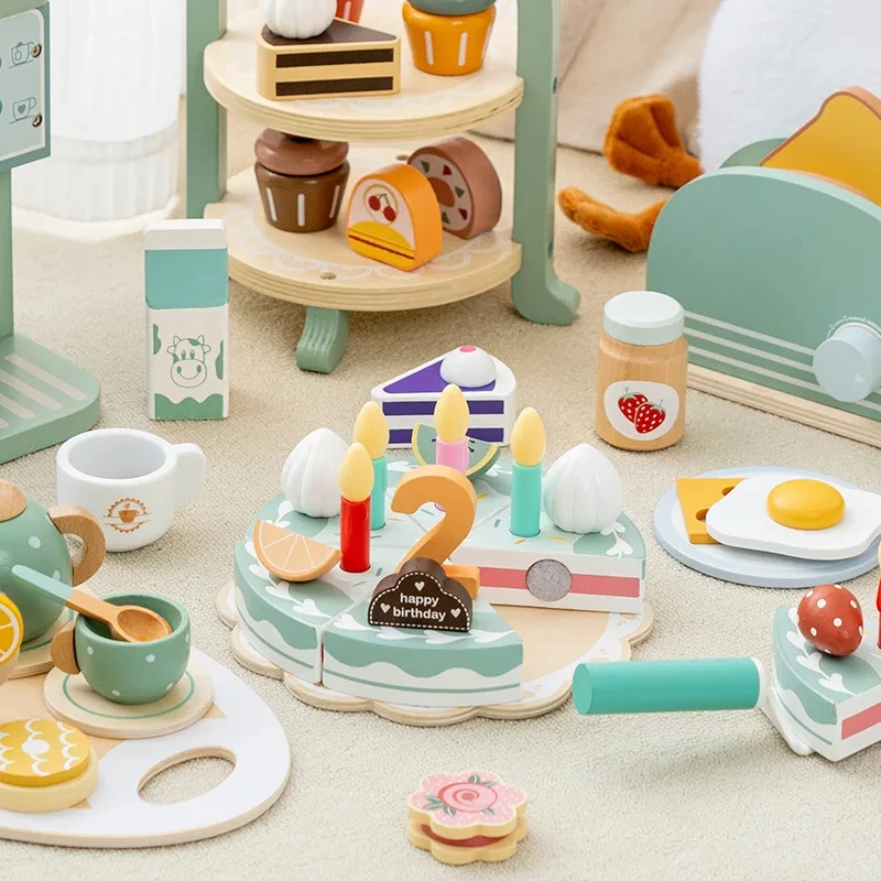 나무 주방 척 놀이 장난감 티 파티 세트 어린 소녀 커피 메이커 세트 케이크 아이스크림 차 Playset 3 4 5 6 세 소녀