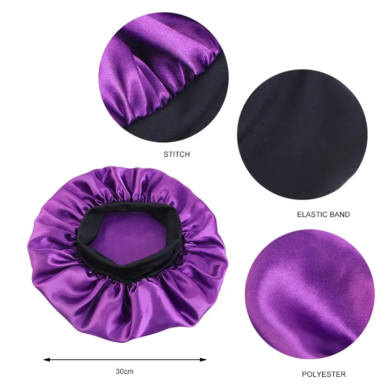 Gorro feminino de cetim sólido, aba larga, noite, dormir, banho, unissex, envoltório de cabeça, elástico, cuidados com os cabelos