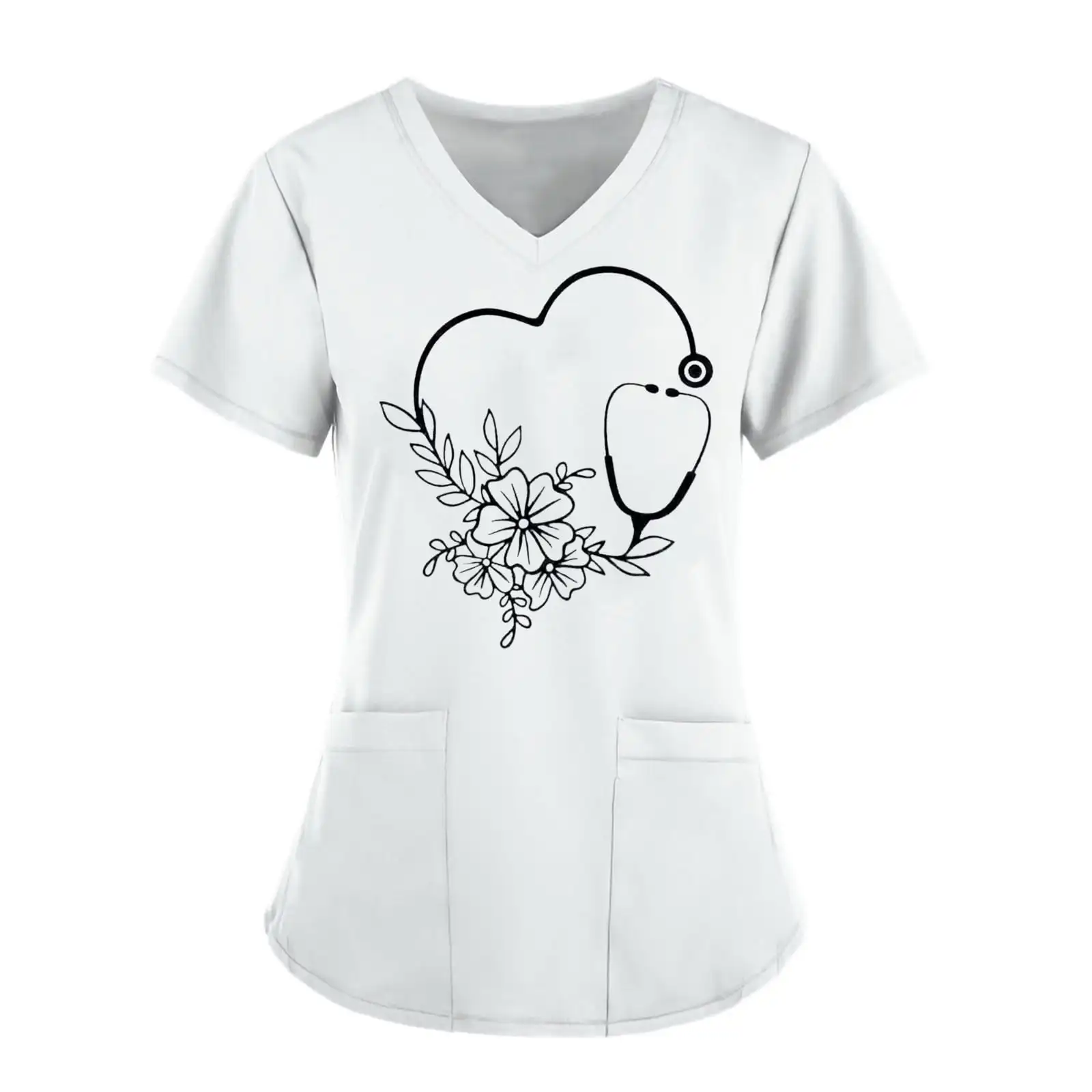 เครื่องแบบผ่าตัดผู้หญิงสีทึบ Heart Healing พิมพ์พยาบาลผู้หญิง V คอแขนสั้น Patch กระเป๋าด้านบนผู้หญิงขัด