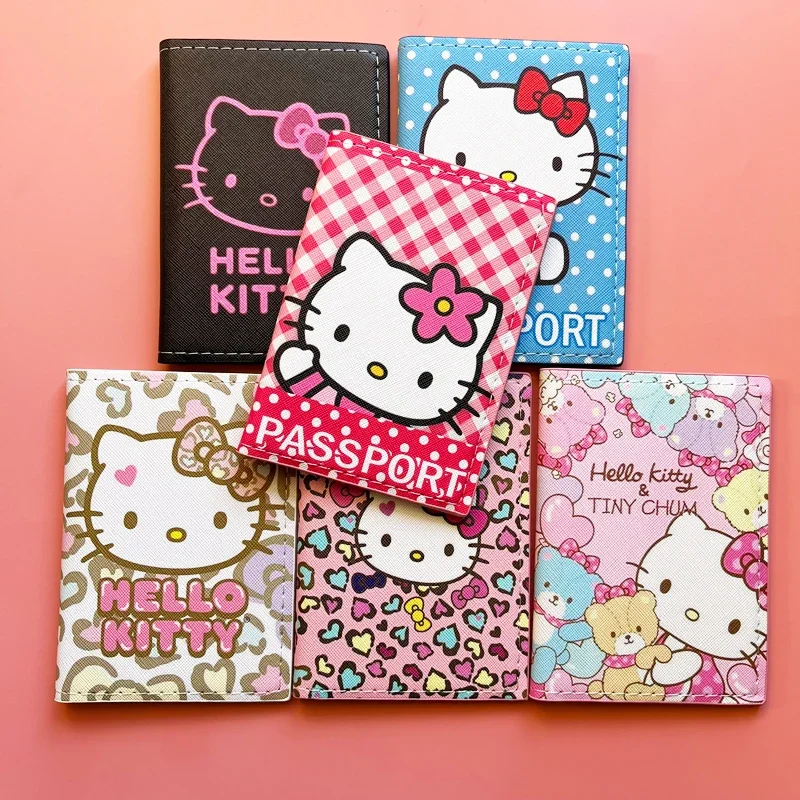 น่ารัก Hello Kitty ปกหนังสือเดินทางผู้ถือบัตรเครดิตผู้หญิง Sanrio PU หนังธุรกิจกระเป๋าสุภาพสตรีผู้ถือหนังสือเดินทางของขวัญ