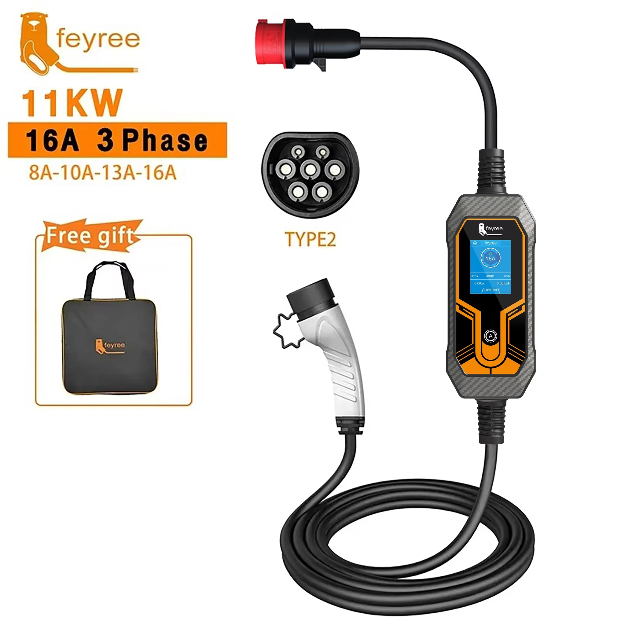 Feyree 11kW 16A Przenośna Ładowarka EV Typ 2 EVSE Skrzynka Ładująca Ładowarka do Samochodów Elektrycznych Wtyczka CEE IEC62196-2 Ładowarka do Pojazdów Elektrycznych