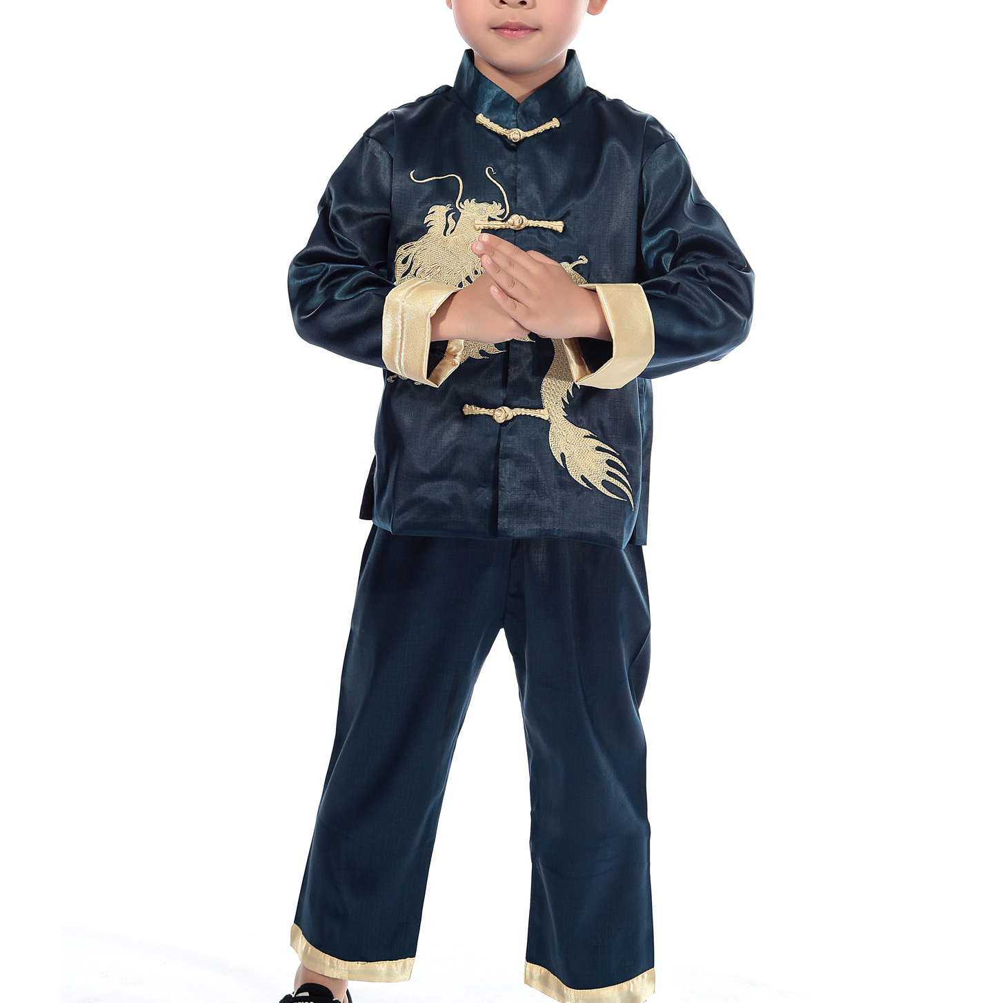 ซาตินเด็ก Tang ชุดเย็บปักถักร้อย Vintage Dragon Kong Fu เสื้อผ้าจีนแมนดาริน Casual 2 ชิ้นเสื้อและกางเกง