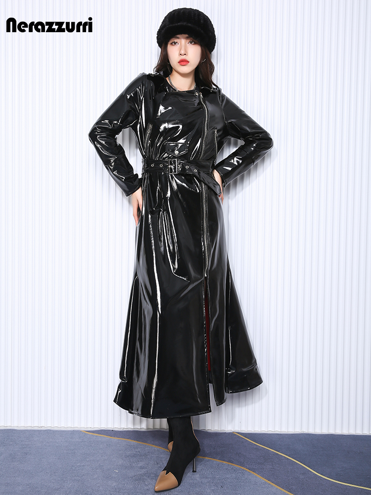 Nerazzurri ฤดูใบไม้ร่วงยาวติดตั้งสะท้อนแสงเงานุ่มยืดสีดําสิทธิบัตรหนัง Faux Biker Coat ผู้หญิงซิปยุโรปแฟชั่น