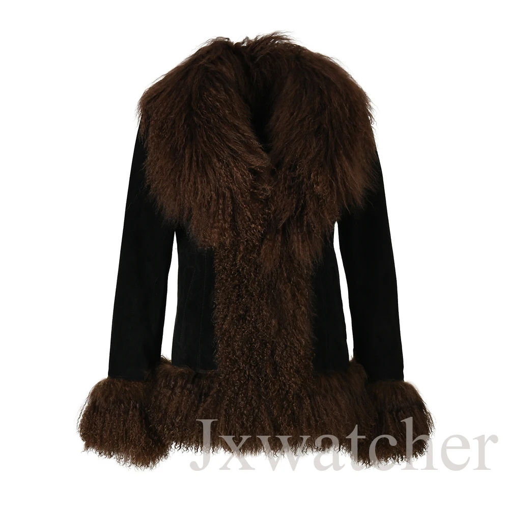 Jxwatcher veste en cuir pour femme garniture en fourrure de mouton mongole manteau en cuir suédé véritable dames hiver chaud veste en cuir véritable automne