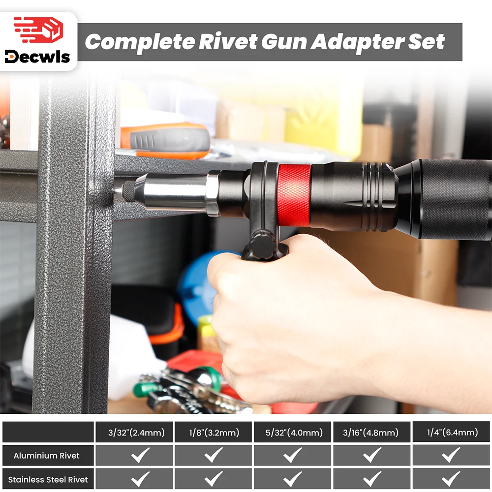 Machine à riveter, adaptateur de pistolet à riveter électrique, outil de rivetage domestique 2,4 mm-3,2 mm-4,0 mm-4,8 mm-6,4 mm avec poignée, machine à riveter multifonction sans fil, adaptée aux perceuses électriques