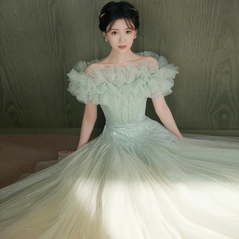 Vestido de Noite Verde E para Mulheres, Estilo Luxuoso de Conto de Fadas, Fsia de Apresentadora com Detalhes Flora...