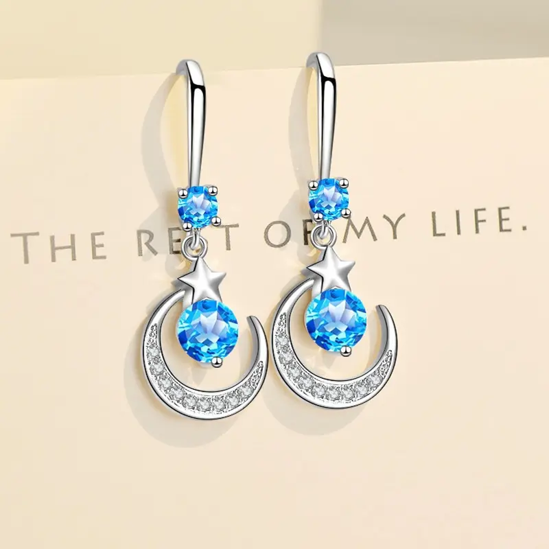 Boucles d'oreilles étoile lune pour femmes, en argent Sterling 925, saphir blanc, rose, bleu, blanc, artificiel