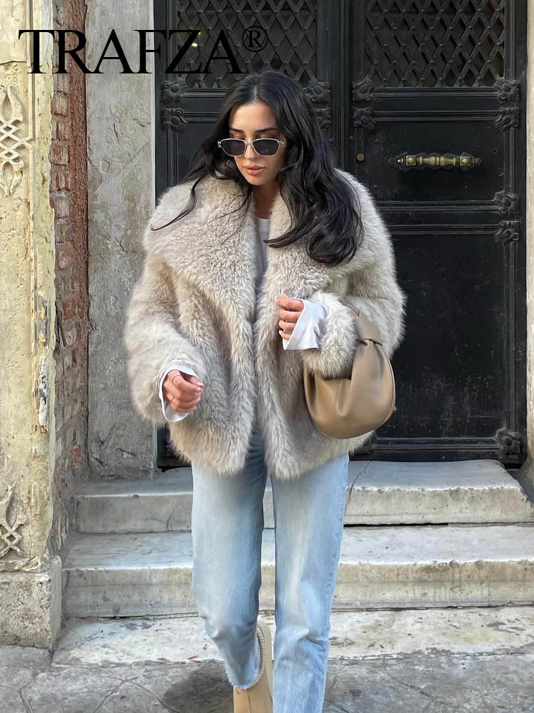 TRAF-Veste Courte en Fausse Fourrure pour Femme, Manteau à Manches sulf, Bouton Pression Avant, Chic, Col à Revers, Mode 2024