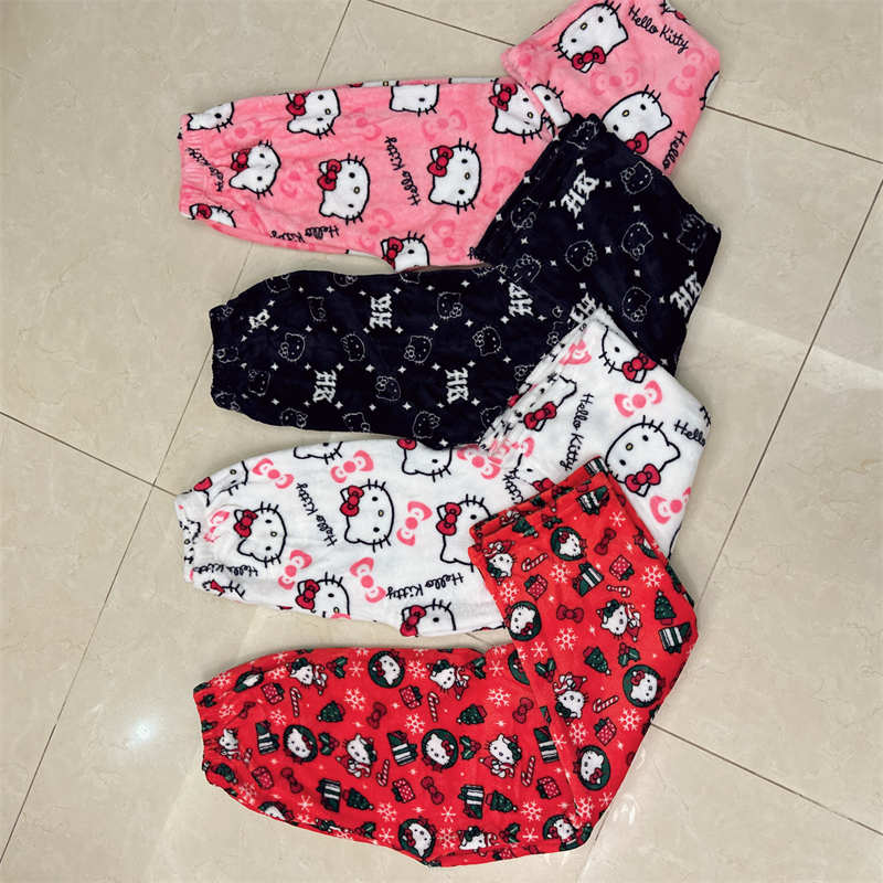 Addensare pantaloni del pigiama Hello Kitty Sanrio Anime in pile doppio tessuto elastico pantaloni morbidi pantaloni da donna regalo di compleanno dei cartoni animati