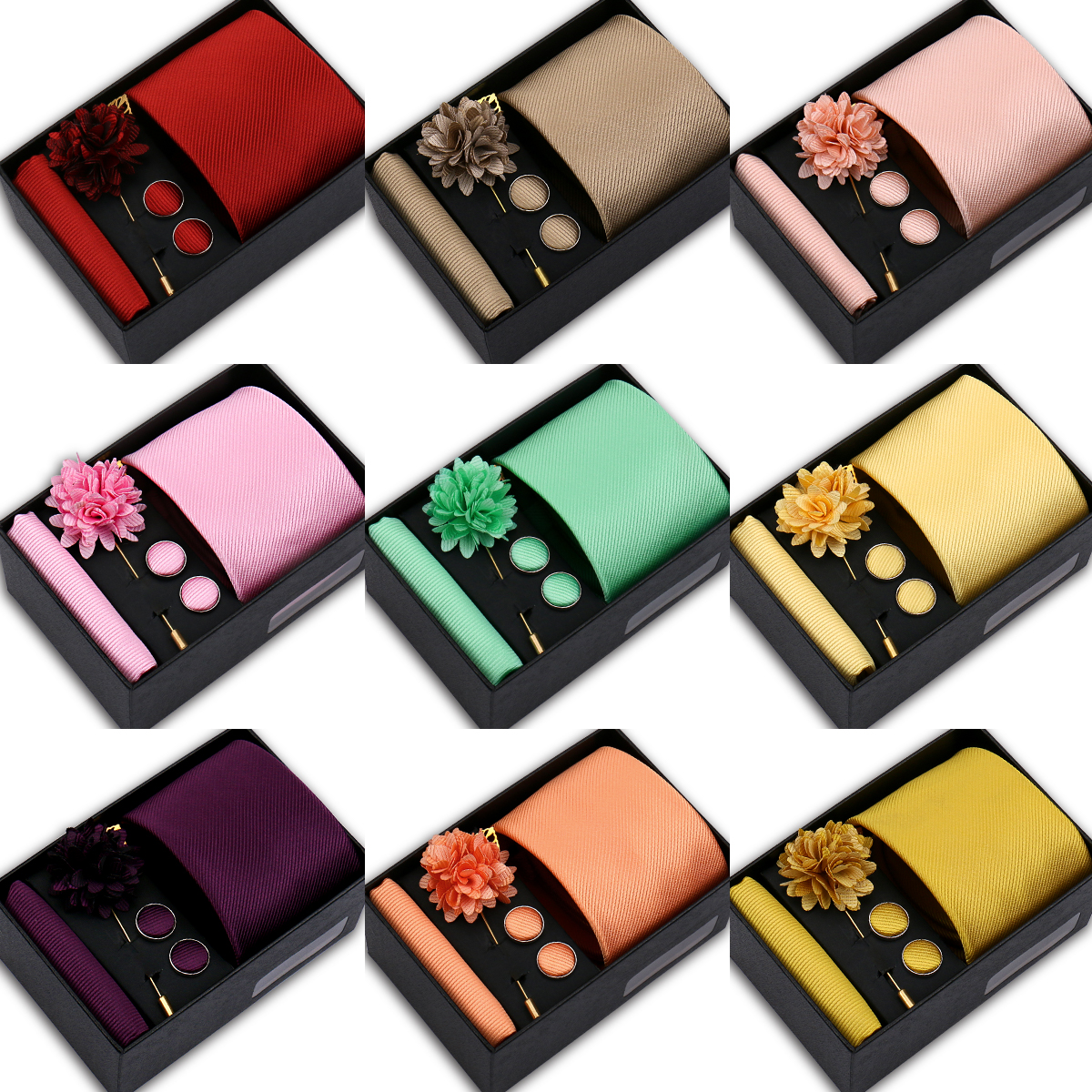 最高品質のソリッドカラーのネクタイハンカフスブローチセットエレガントなジャカードネクタイ男性のためのビジネス結婚式ギフトボックス Gravatas