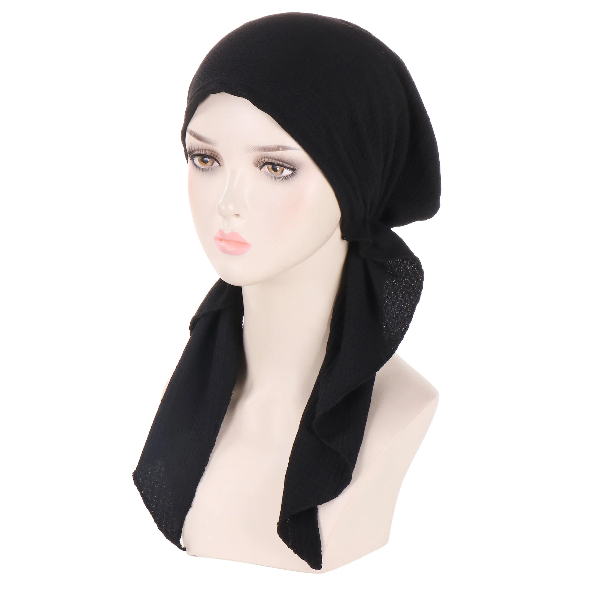 Moda muçulmana hijab turbante chapéus cor sólida longa cauda cabeça envolve elástico pirata chapéus respirável quimio boné para mulheres meninas