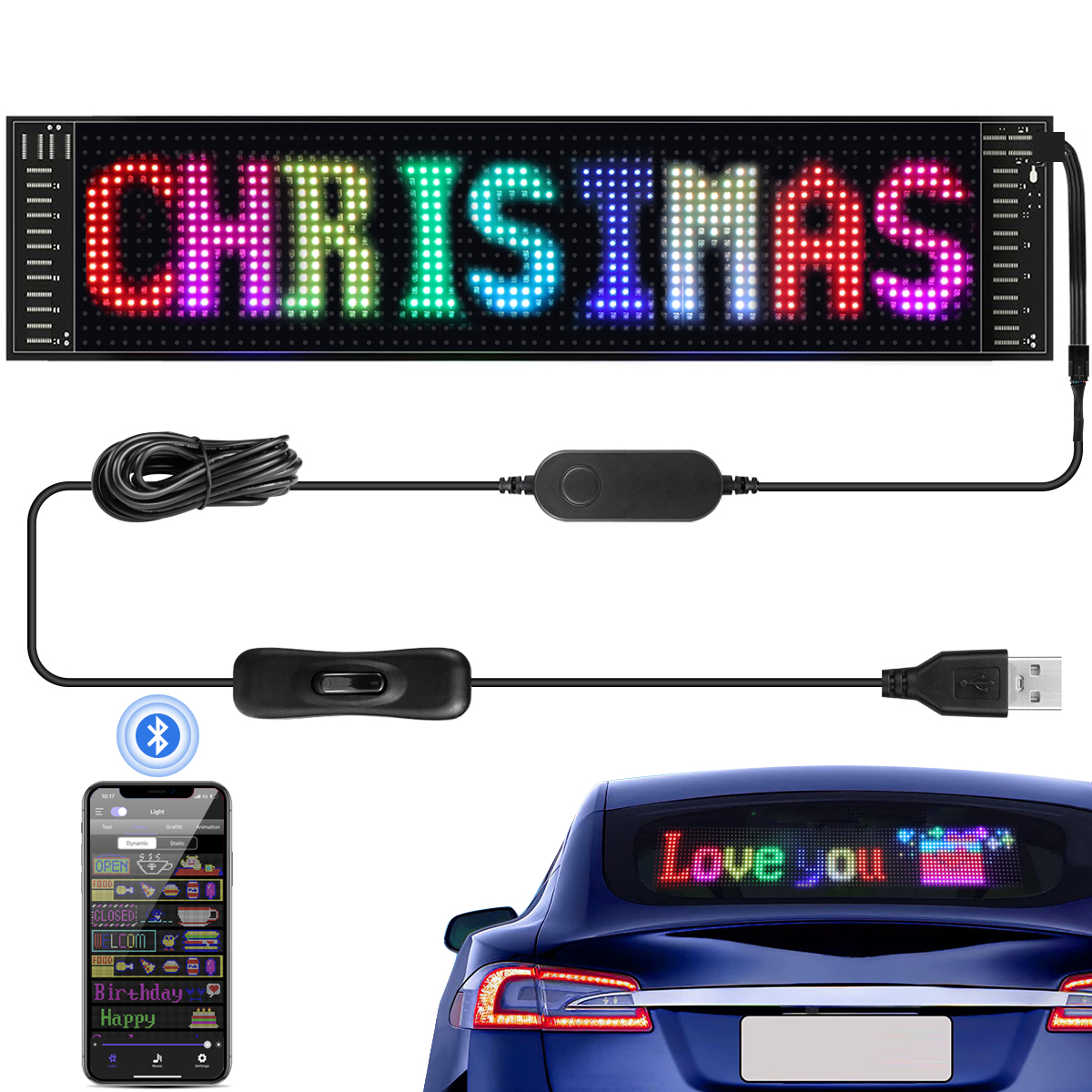 Usb led tela sinal rolagem publicidade luz bluetooth app controle mensagem placa de exibição logotipo luz padrão texto personalizado 5v