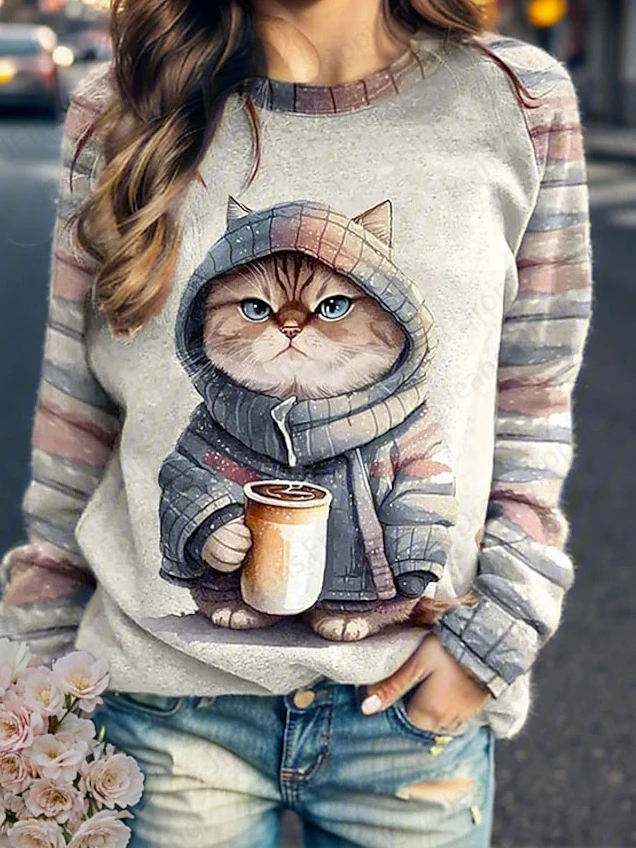 Sudadera con capucha con estampado 3d de gato y café para mujer, sudaderas informales con cuello redondo a la moda, sudaderas con animales y gatos, abrigos para niña, sudaderas para mujer, ropa femenina