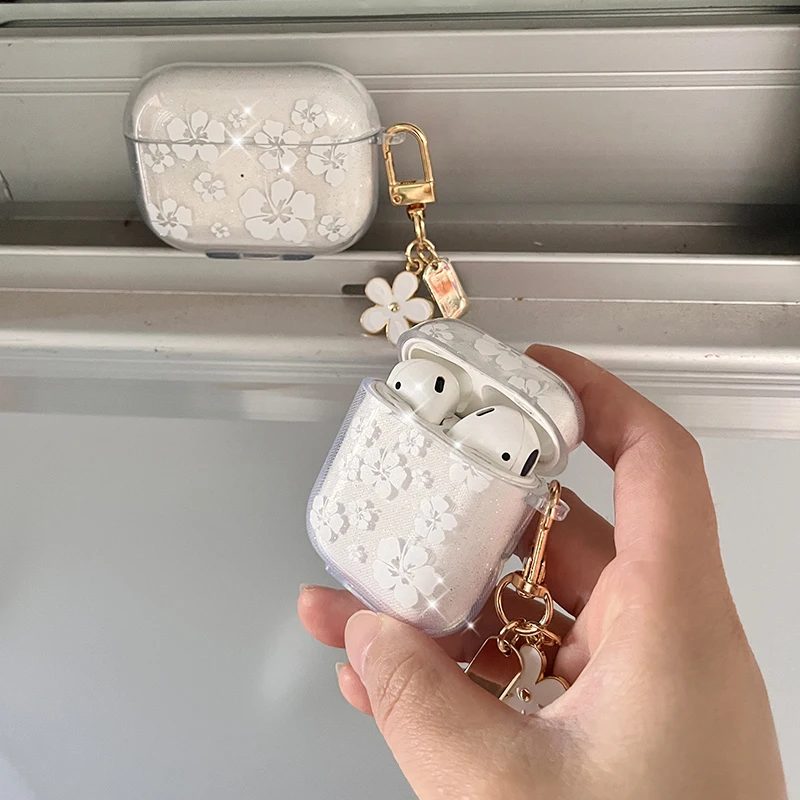 Clearance_Fashion Weiche Silikonhülle für AirPods 3 Pro 2. Niedliche klare weiße Blumen-Anhänger-Kopfhörerhülle für Apple AirPod Pro 2