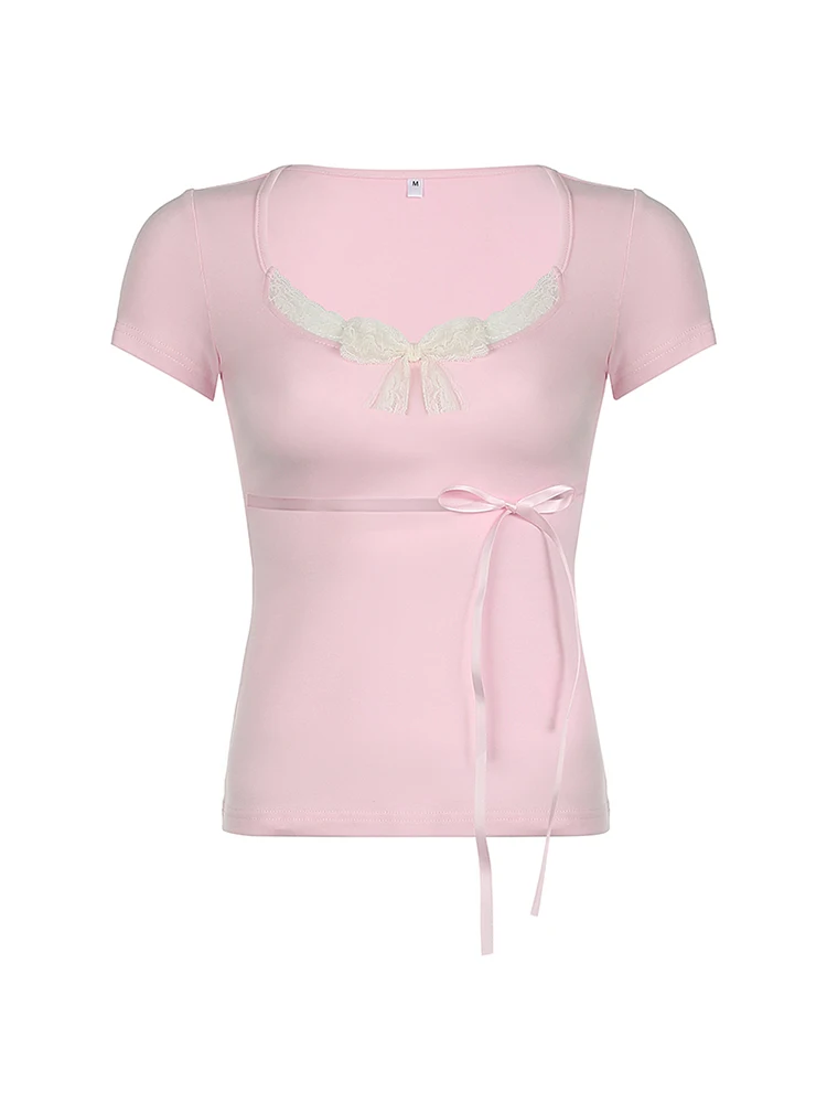日本のかわいいコントラストレースネクタイボウスクエアカラースリム半袖黒 Tシャツ女性ピンク甘いバレエコアかわいい Tシャツ