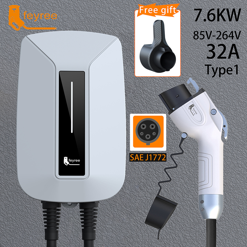 Feyree-cargador EV tipo 2, enchufe EVSE Wallbox 32A, 7KW, enchufe de IEC62196-2, Cable monofásico de 5m, estación de carga de montaje en pared para coche eléctrico