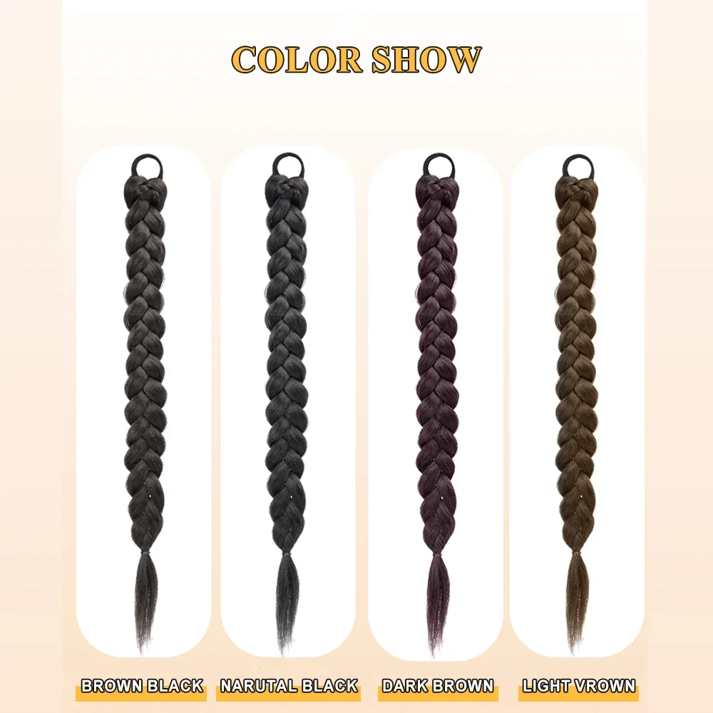 Rabo de cavalo longo sintético trançado para mulheres, extensões de cabelo, cauda de pônei preta e marrom com corda, fibra de alta temperatura