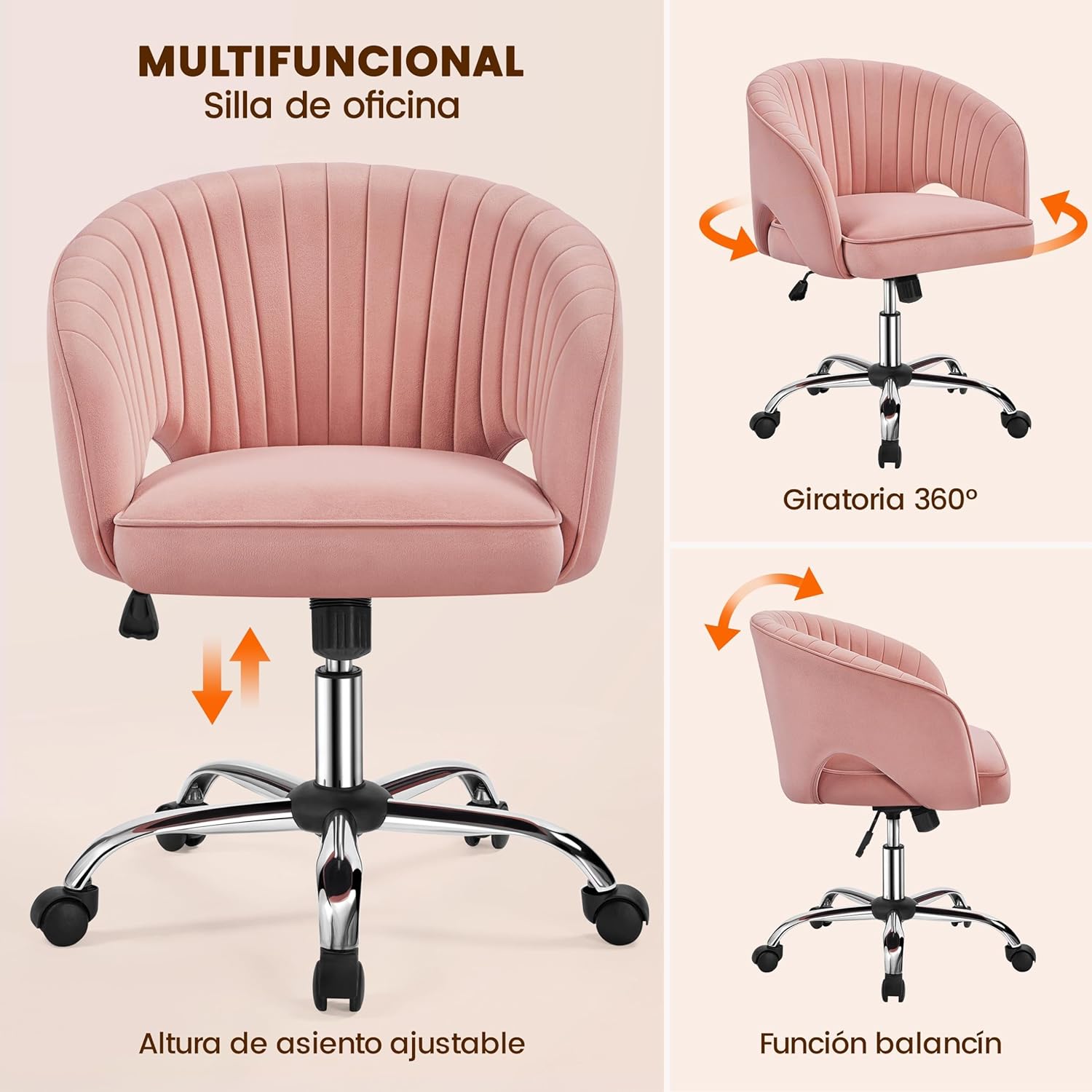 de Oficina Terciopelo Silla con Rudas para Trabajo Altura Ajustable Tapizada de Terciopelo Ro