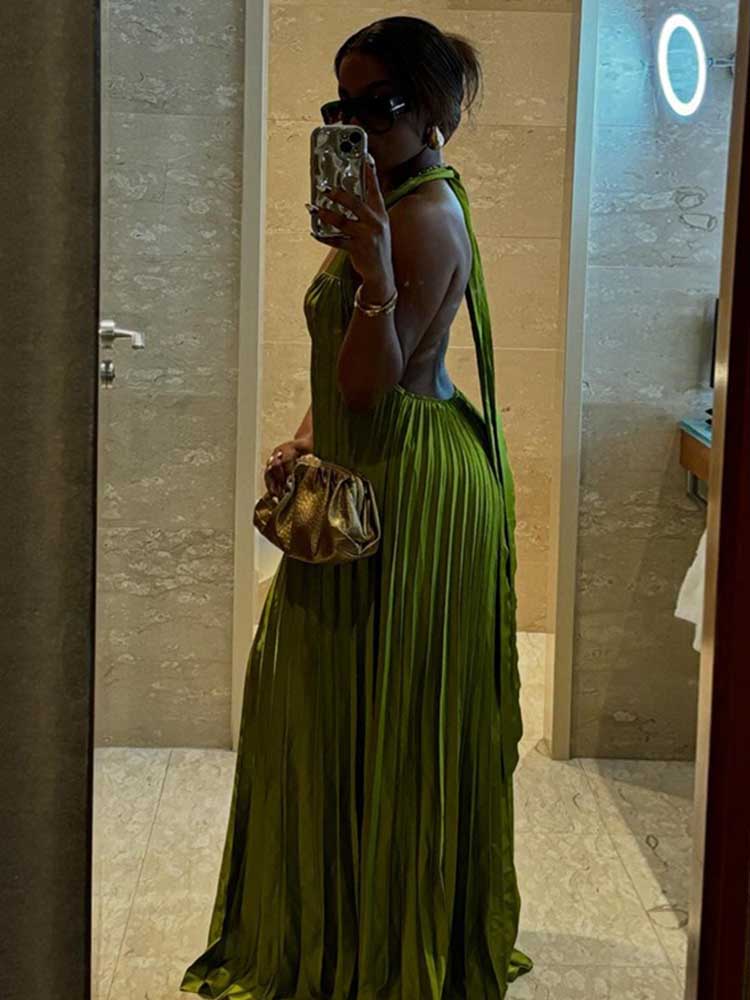 Grüne Abendkleider Frau Elegante Sexy Sommer Plissee Kleid Aushöhlen Dame Halter Neck Backless Kleid Großhandel Dropshipping