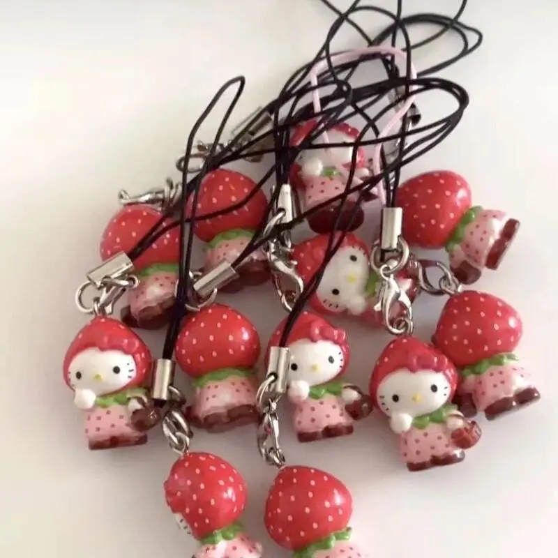 Sanrio 딸기 헬로 키티 휴대 전화 펜던트 귀여운 재미 있은 DIY 배낭 펜던트 열쇠 고리 장식 친구 생일 선물