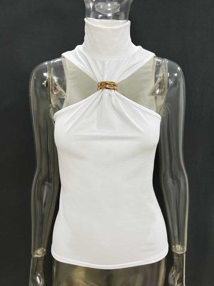 Mozision-camisetas sin mangas básicas de punto con cuello alto para mujer, chaleco, jerséis, camisola con anillo de Metal, Tops ajustados de punto sin mangas, Top corto Y2K