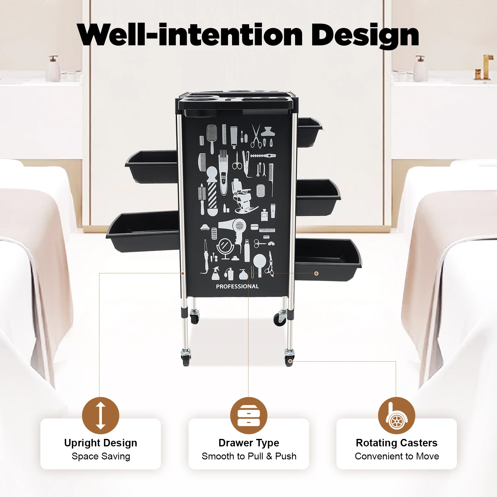 Carrello per parrucchiere e salone di bellezza con 5 cassetti Carrello di grande capacità Ruote con piattaforma multifunzionale Movimento flessibile