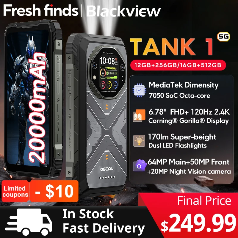 Blackview Oscal TANK 1 teléfono inteligente resistente 5G 6,78 "2.4K 120Hz pantalla de dimensión 7050 20000mAh NFC 64MP AI teléfono móvil