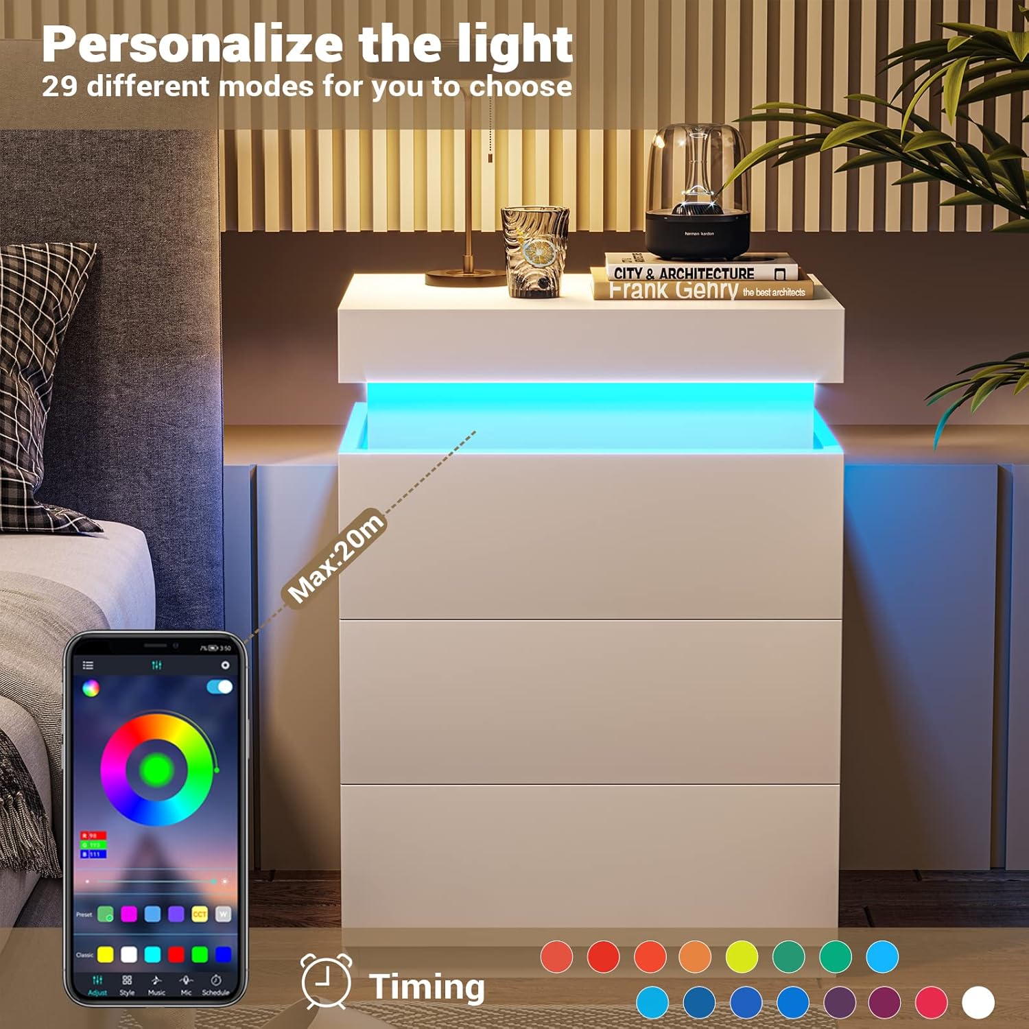 Nightstand with Charging Station and LED Lights,Night Stand with Sliding Top for Bedroom,Bedside Table with Drawers,Modern End S