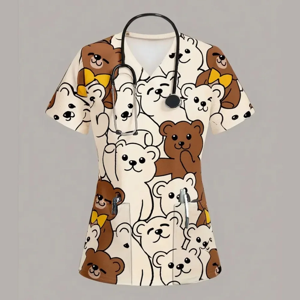 Cartoon Tier Pflege Scrubs Tops Frauen Krankenschwester Uniform Frauen Mode V-ausschnitt Tasche Overalls Medizinische Uniformen Uniforme Enfermera